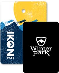 Collage of season passes, Ikon Pass creative in the back, and a Winter Park pass in front.