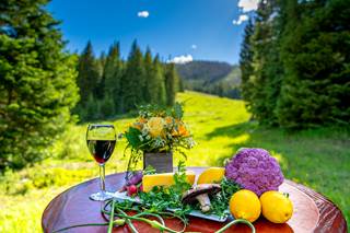 Food and a glass of red wine on a table with a meadow in the background