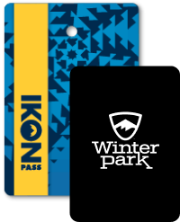 Collage of season passes, Ikon Pass creative in the back, and a Winter Park pass in front