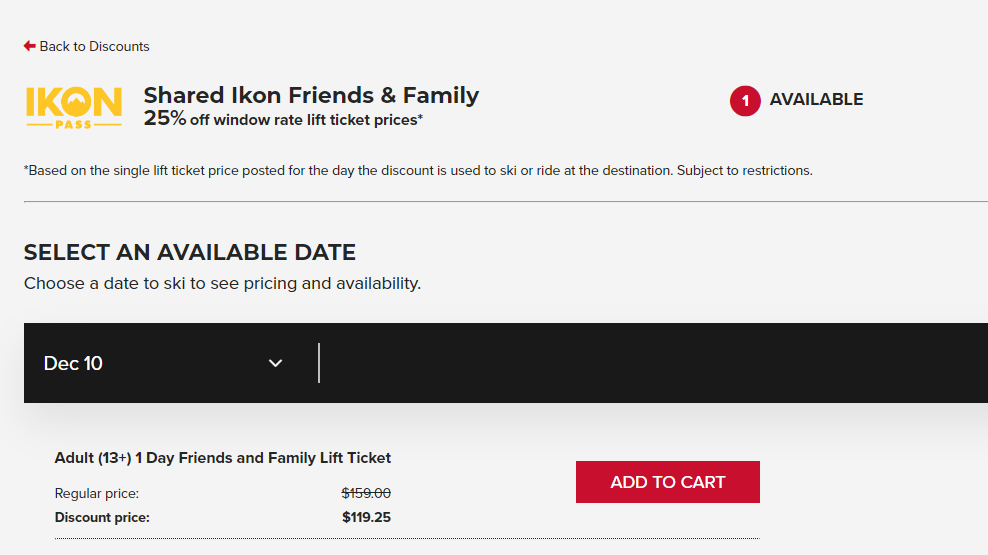 Screenshot of discounted tickets available to be added to a cart