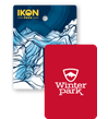 Collage of season passes, Ikon Pass creative in the back, and a Winter Park Resort pass in front