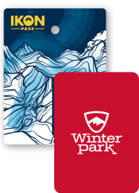 Collage of season passes, Ikon Pass creative in the back, and a Winter Park pass in front