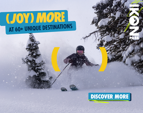 (Joy) More at 60+ unique destinations. Discover More. Ikon Pass logo.