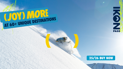 Skier going through fresh snow on a sunny day. Overlay copy reads: (Joy) More at 60+ unique destinations. 25/26 Buy Now. Ikon Pass.