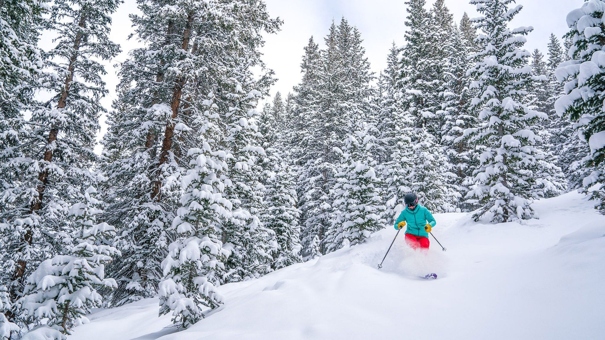 Skier in the trees after snowstorm at Winter Park Resort