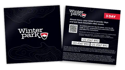 A graphic mockup of the 3 day ticket pack sold for Winter Park Resort at Costco