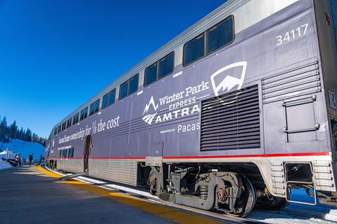 Side picture of the Winter Park Express Amtrak