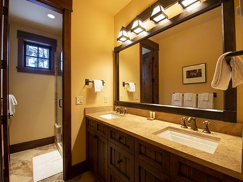 Bathroom with large mirror. 