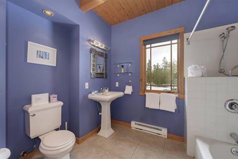 Bathroom with bold blue walls, pedestal sink, shower-tub combo, and window with forest view.