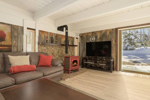 Cozy living room with leather seating, red accent pillows, and a wood stove against a stone wall.
