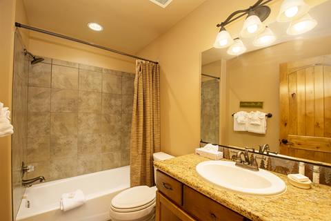 Bathroom with tiled shower and warm lighting above the sink.
