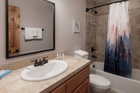 Bathroom with single vanity and tiled shower-tub combo, curtain decorated with forest design.
