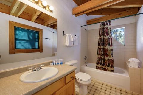 Bathroom with tiled shower-tub combo, patterned shower curtain, and vanity with sink.