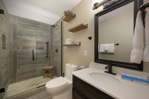 Modern bathroom with glass shower, wood shelves, and single vanity.