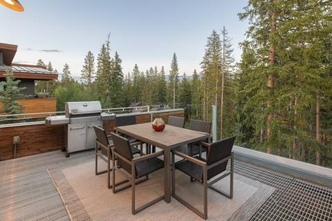 Outdoor deck with six-seat dining table, stainless steel grill, and views of tall pine trees.