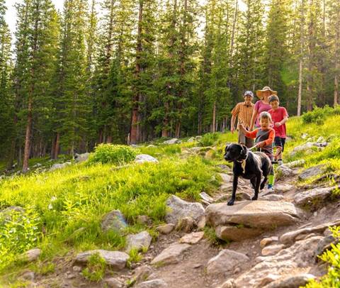Family hiking with dog on trail at Winter Park Resort in Colorado