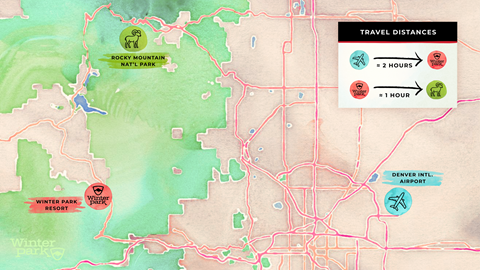 Graphic map of Winter Park Resort location of DEN Airport and RMNP