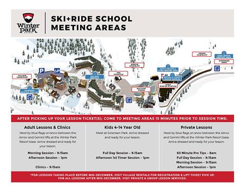 Ski and Ride school meeting area map for Winter Park Ski resort 