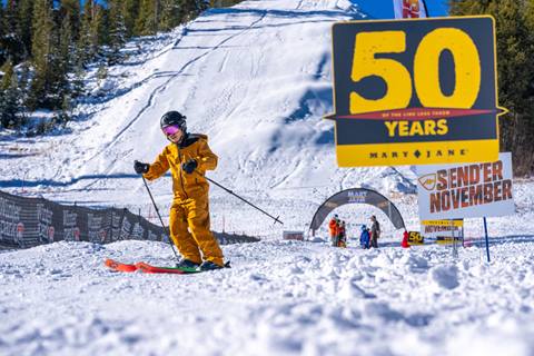 Skier at Winter Park celebrating Mary Jane