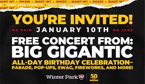 Mary Jane 50 birthday party poster at Winter Park ski resort Colorado