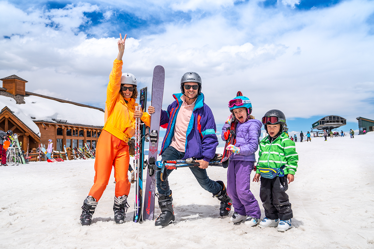 Family of 4 during retro bash at Winter Park resort 
