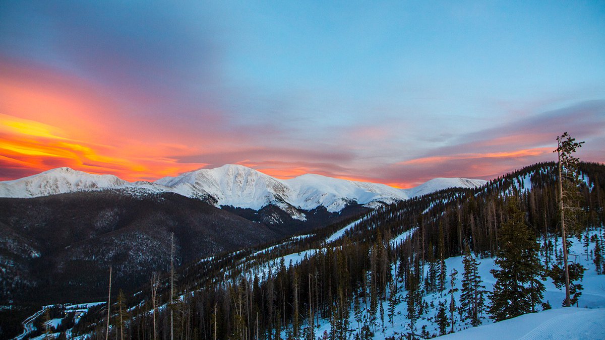 The sun sets on a winter evening at Winter Park Resort